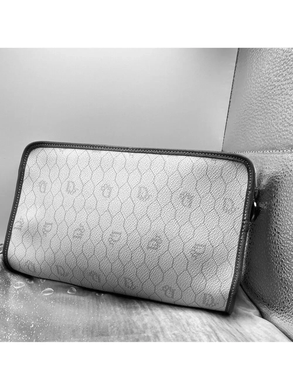 Vintage Christian Dior Honeycomb Canvas Cosmetic Bag/ Clutch – White/Grey